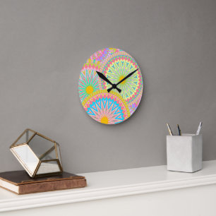 Relógio Redondo Mandala Sobreposto Rosa Azul Amarelo Verde-Menta R