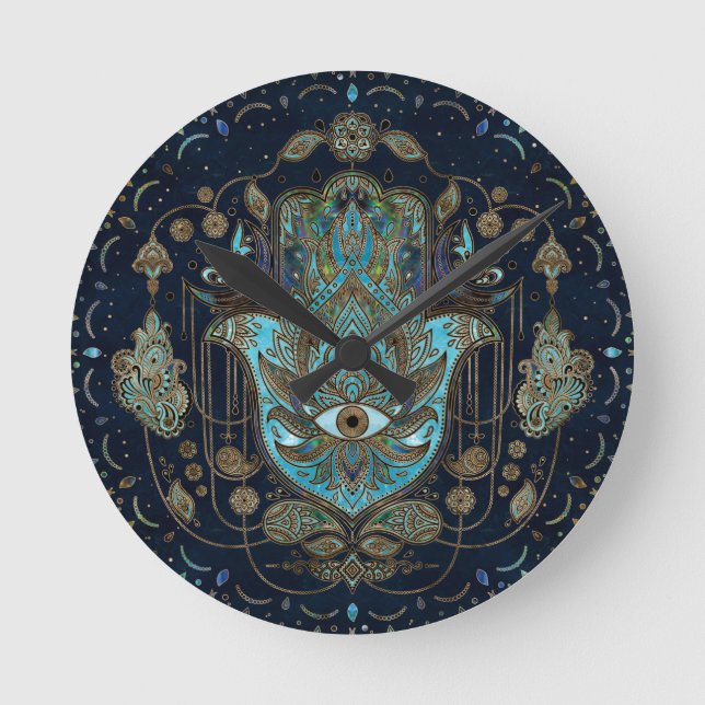 Relógio Redondo Mão de Hamsa - Mão de Fátima Azul Gemstones (Frente)