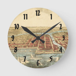 Relógio Redondo Mapa Antigo de Chicago, Rua LaSalle e Rio