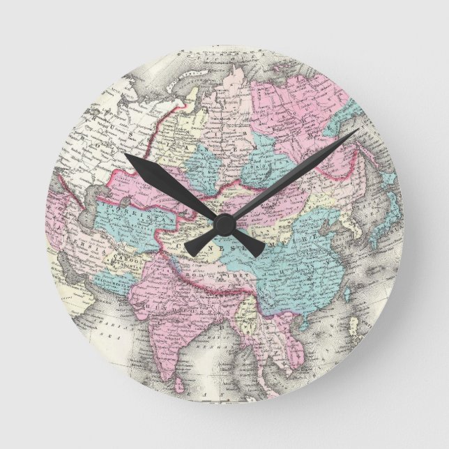 Relógio Redondo Mapa das Vintagens da Ásia (1855) (Frente)