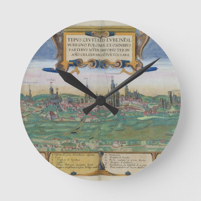 Relógio Redondo Mapa de Lublin, de "Civitates Orbis Terrarum" (Frente)