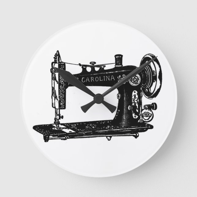 Relógio Redondo Máquina de costura por safra preta e branca (Frente)