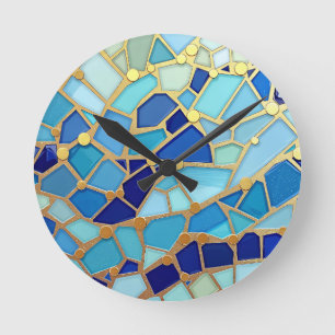 Relógio Redondo Mar de Ondas Azul e Dourado Mosaico Arte Refinada