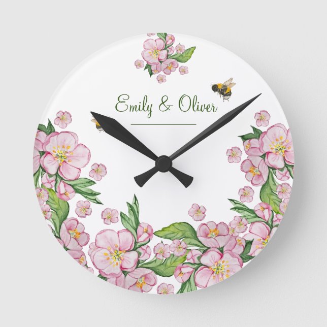 Relógio Redondo Maravilhosas flores e е de macieiras (Frente)