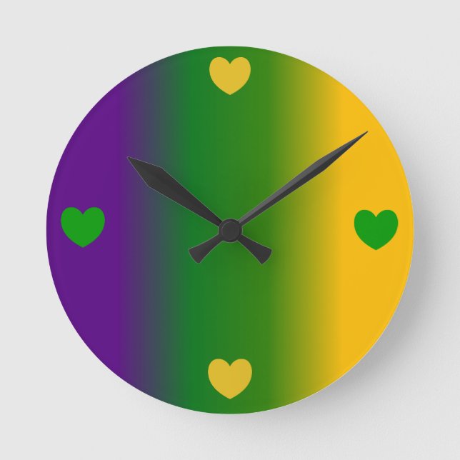 Relógio Redondo Mardi Gras Ombre com Corações (Frente)