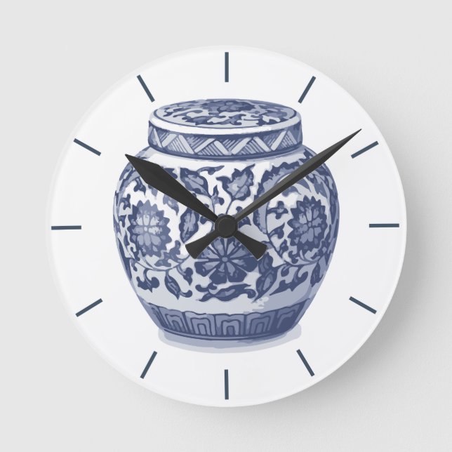 Relógio Redondo Marinho Azul e Branco Jar Chinoiserie Design (Frente)