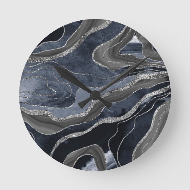 Relógio Redondo Marinho Azul Preto Marble Agate Gliter Glam (Frente)