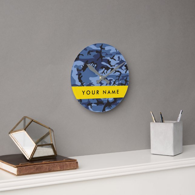 Relógio Redondo Marinho Camuflagem Azul Seu nome Personaliza (Escritório)