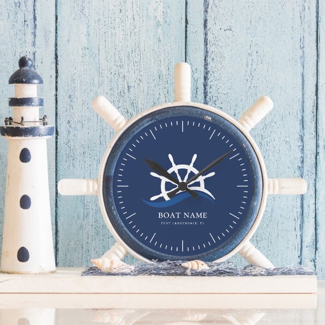 Relógio Redondo Marinho de Onda Azul Náutica Capitão Navio Barco E (Nautical Blue Wave Navy Captain Ship Helm Boat Round Clock)