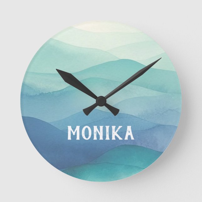 Relógio Redondo Marinho de Turquesa de Aquarela Camada de Ómbre Az (Frente)