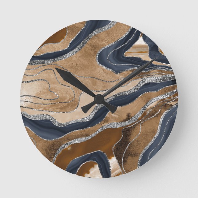 Relógio Redondo Marinho Terrestre Azul Marble Agate Silver Gliter  (Frente)