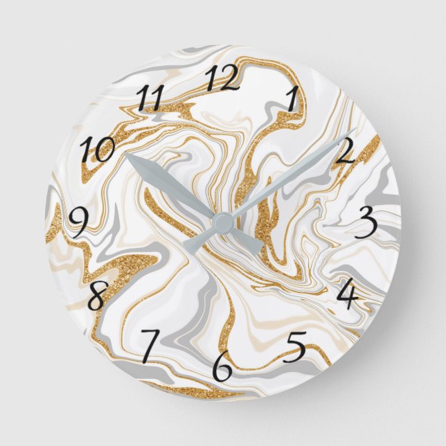Relógio Redondo Mármore Branco, Dourado e Cinza, Como Rochas, Arte (Frente)