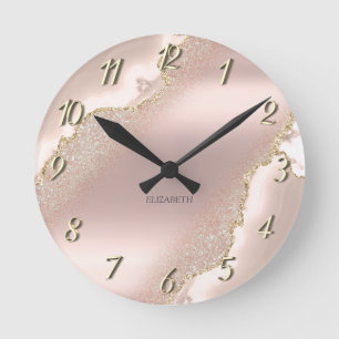 Relógio Redondo Mármore Brilhante Rosa Dourado Chic Elegante