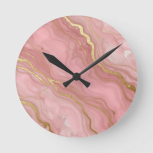 Relógio Redondo Mármore Dourado Rosa Luxo Abstrato