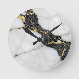 Relógio Redondo Mármore Luxo Preto Branco Dourado