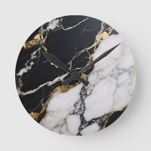 Relógio Redondo Mármore Preto Dourado Veias Luxo Abstrato