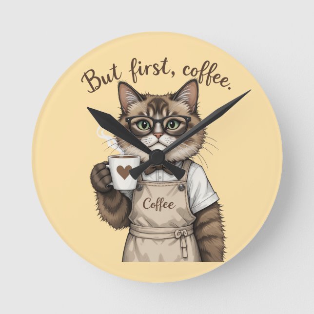Relógio Redondo Mas Primeiro, Gato Café (Frente)