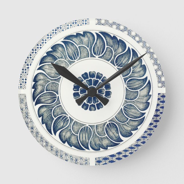 Relógio Redondo Medalhão Chinês: Chinoiserie Azul Índigo (Frente)
