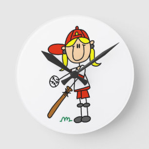 Relógio Redondo Menina Figura de Bastão de Beisebol Acima no Bastã