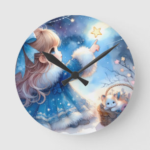Relógio Redondo Menina Sonhadora Olhando as Estrelas aquarela