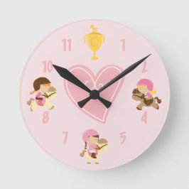 Relógio Redondo Meninas e pôneis bonitos com cavalos rosa-palha de