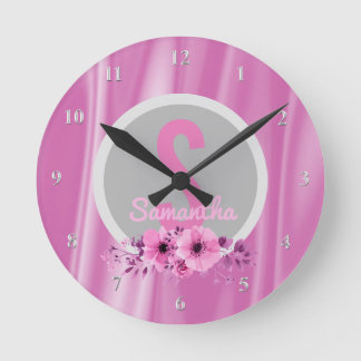 Relógio Redondo Meninas Personalizadas Nome Flores Girly Pink Sati