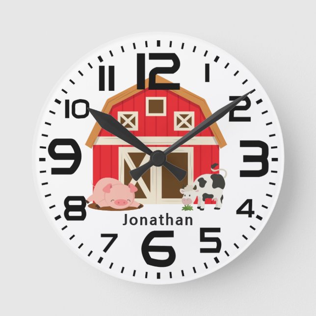 Relógio Redondo Menino Personalizado Vaca Porco Celeiro Vermelho (Frente)