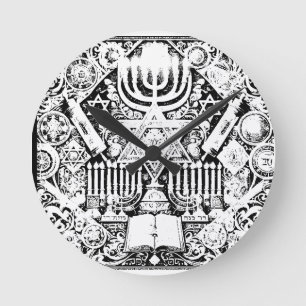 Relógio Redondo Menorá Judaica de Hanukkah Hebraica