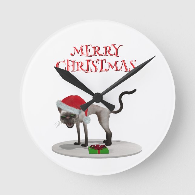 Relógio Redondo Merry Christmas. Cat with Santa hat (Frente)