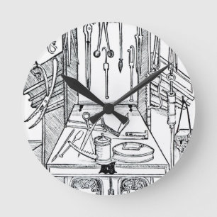 Relógio Redondo Mesa de funcionamento e instrumentos cirúrgicos,