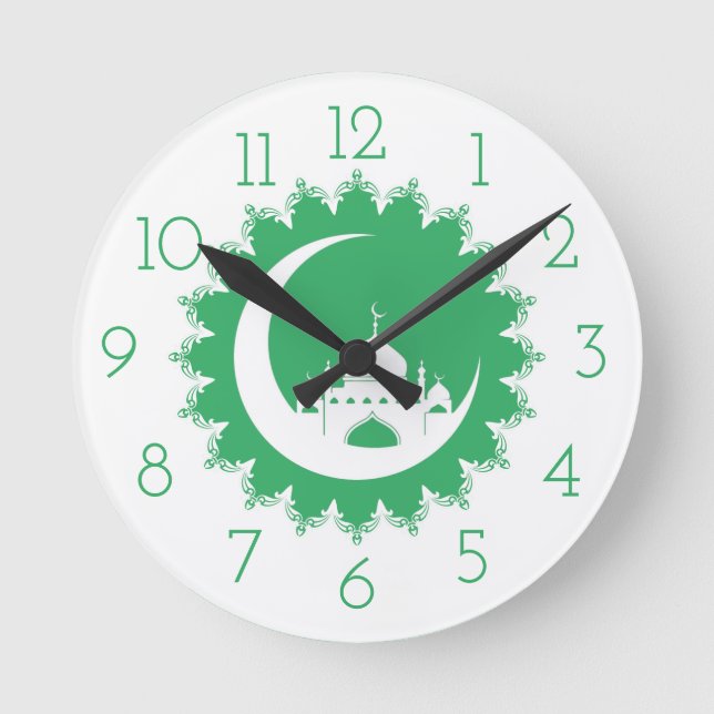 Relógio Redondo Mesquita branca na lua crescente Ramadan (Frente)