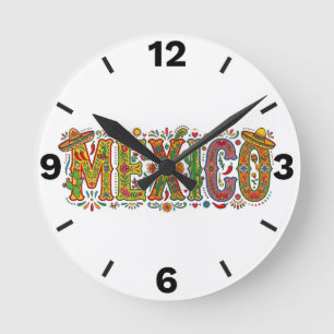 Relógio Redondo Mexico Typography Folk Art Mexican Culture Design