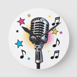 Relógio Redondo Microfone de pop com estrelas coloridas e notas mu