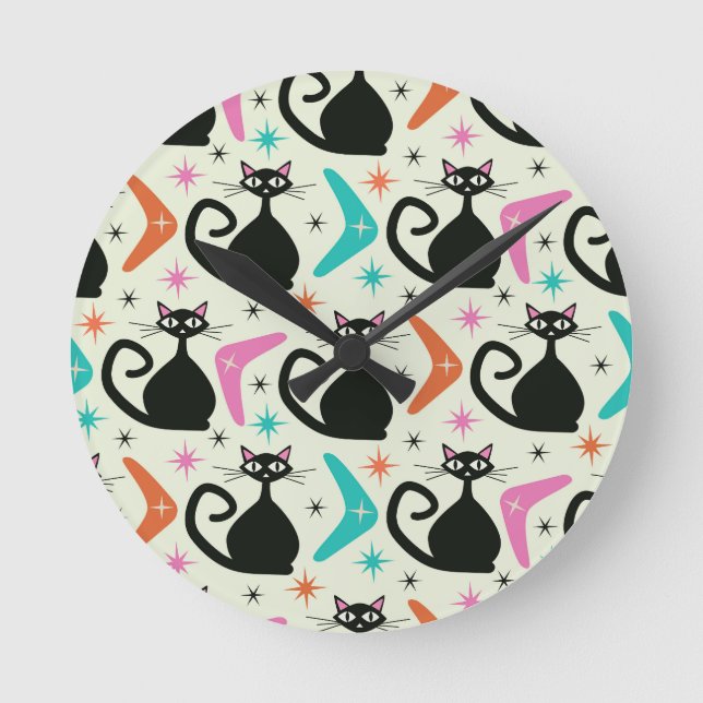 Relógio Redondo Mid Century Black Atomic Cats with Boomerangs  (Frente)