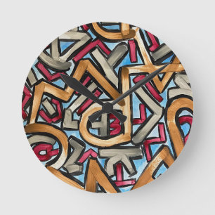 Relógio Redondo Mocha Vermelho Cinza Geométrico-Arte Abstrata Pint