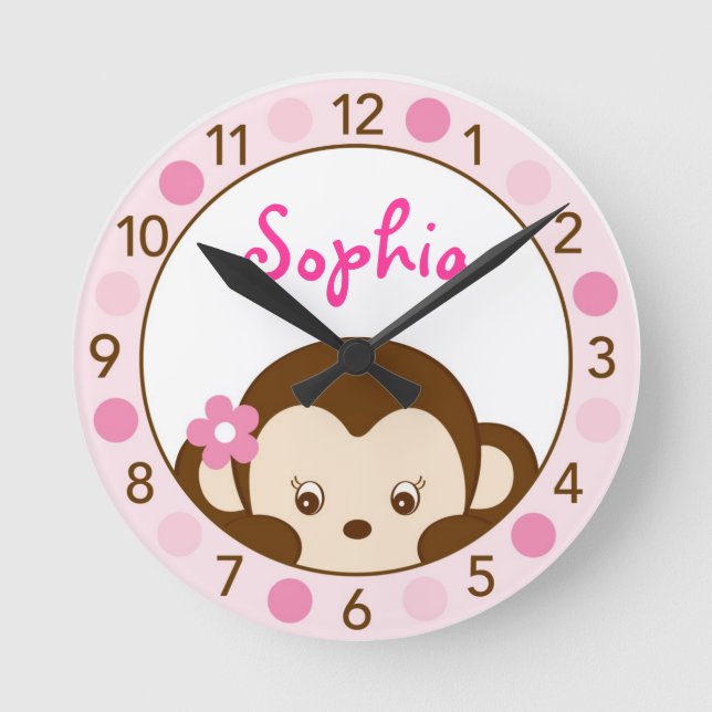Relógio Redondo Mod Girl Monkey Personalised Nursery Wall Clock (Frente)