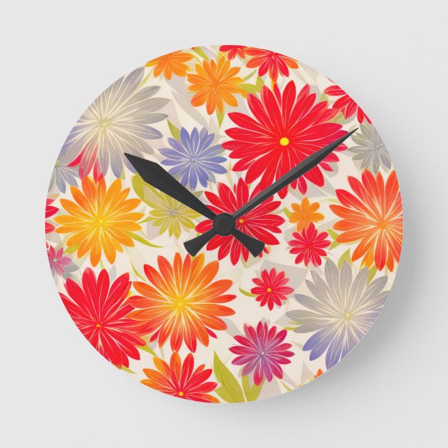 Relógio Redondo Modern Red Daisy BOHO design (Frente)