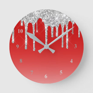 Relógio Redondo Modern Red Silver Glitter Drips