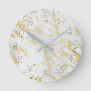 Relógio Redondo Moderno de mármore Glam branco & Dourado