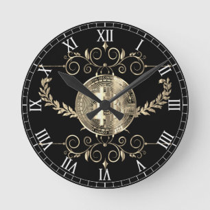 Relógio Redondo Moeda de Bitcoin Ouro Dinheiro Design Preto