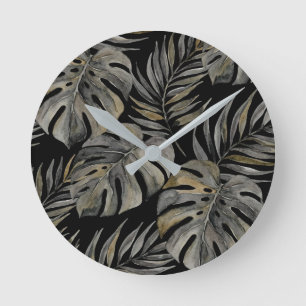 Relógio Redondo Moku Island Aquarela Havaiana Monstera - Preto