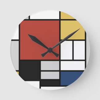 Relógio Redondo Mondrian Painting Red Plane Yellow Black Cinza Blu