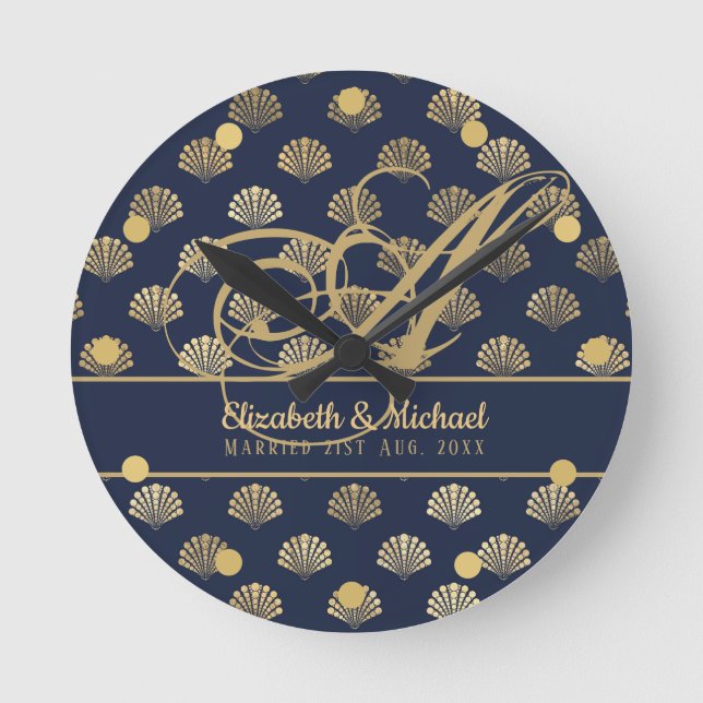 Relógio Redondo Monograma ART Deco Marinho Azul Conchas Douradas R (Frente)
