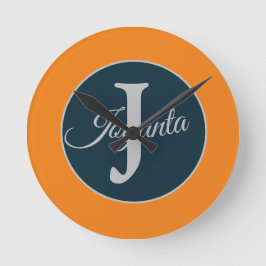 Relógio Redondo Monograma azul laranja cinza personalizado Elegant