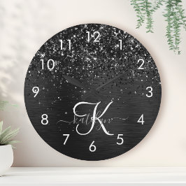 Relógio Redondo Monograma de brilho preto personalizado