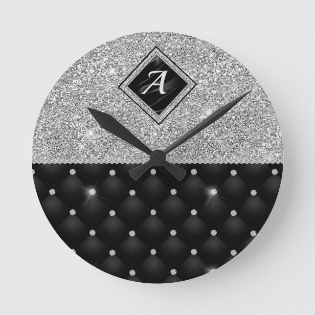 Relógio Redondo Monograma de diamante preto Crystal Silver na moda (Frente)