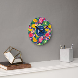 Relógio Redondo Monograma de Fruta tropical Padrão de Verão de Aqu