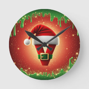 Relógio Redondo Monograma de Natal Personalizado V com Chapéu de P