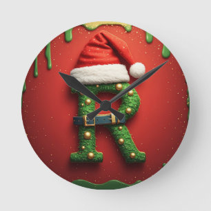 Relógio Redondo Monograma de Natal R com Chapéu de Papai Noel – Pr