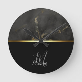 Relógio Redondo Monograma de ouro em mármore preto